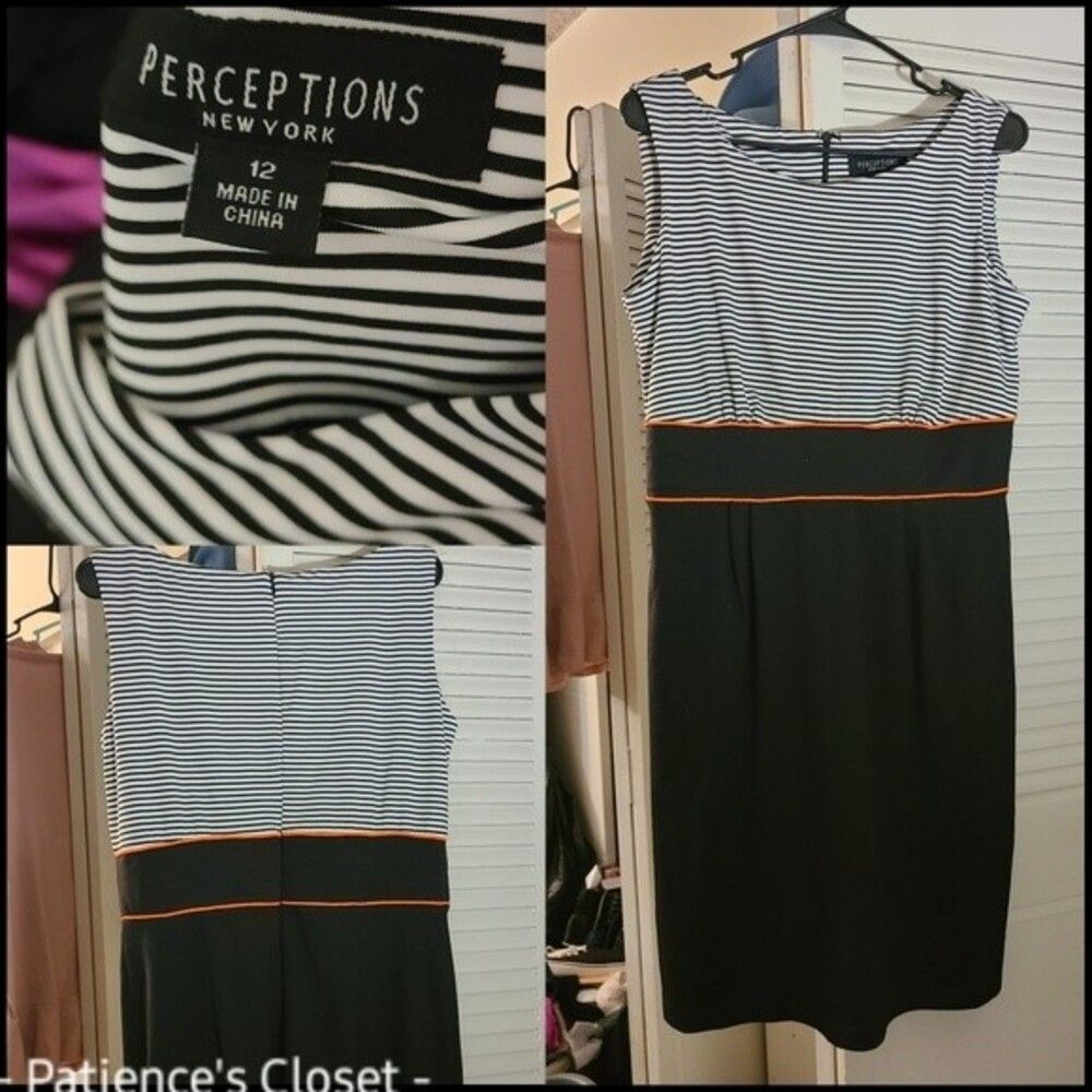 Perceptions Size 12 Striped Black & White Sheath Dress with Coral‎ Band